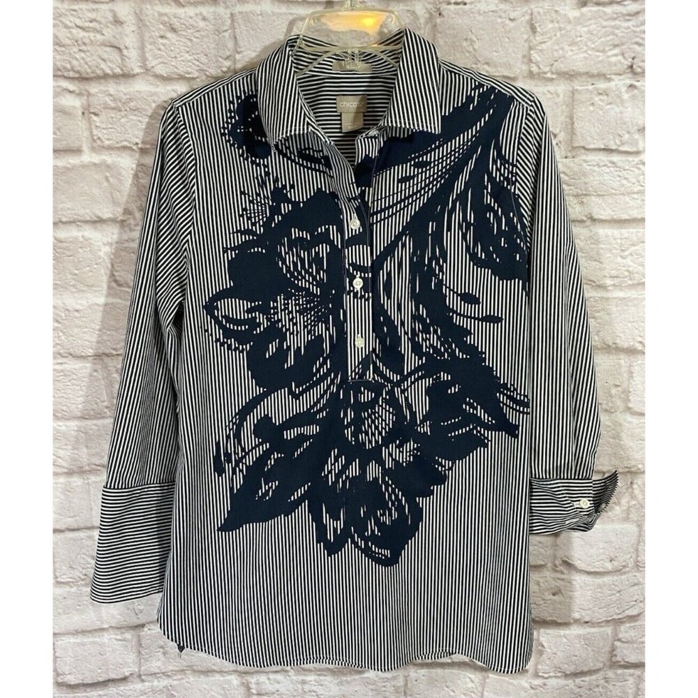 CHICOS 1 8/10 No Iron Cotton Blend Navy Floral Striped Tunic Top Blouse EUC 9865